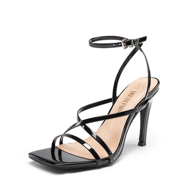 Square-Toe Strappy Stiletto Heel Sandals - BLACK-PAT -  0